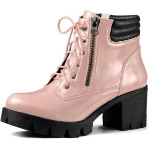 imageAllegra K Womens Round Toe Chunky Heel Lace Up Zipper Combat BootsPink