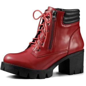 imageAllegra K Womens Round Toe Chunky Heel Lace Up Zipper Combat BootsRed