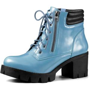 imageAllegra K Womens Round Toe Chunky Heel Lace Up Zipper Combat BootsSky Blue