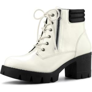 imageAllegra K Womens Round Toe Chunky Heel Lace Up Zipper Combat BootsWhite