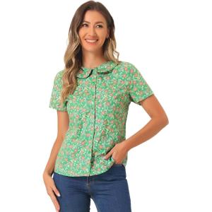 imageAllegra K Womens Summer Peter Pan Collar Shirts Button Front Vintage Floral Blouse TopGreen Pink