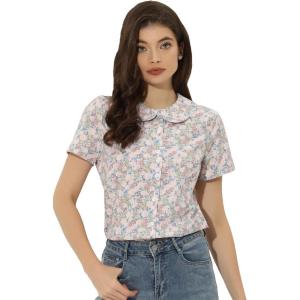 imageAllegra K Womens Summer Peter Pan Collar Shirts Button Front Vintage Floral Blouse TopPink