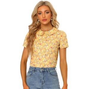 imageAllegra K Womens Summer Peter Pan Collar Shirts Button Front Vintage Floral Blouse TopYellow