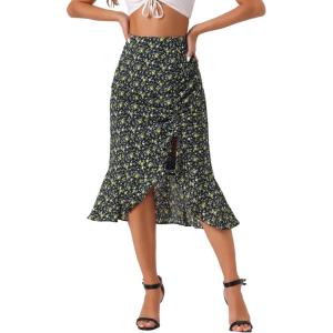 imageAllegra K Floral Midi Skirt for Womens Summer Casual Drawstring Side Ruffled SkirtsBlack