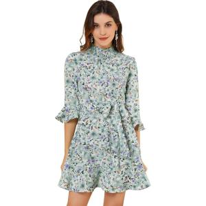 imageAllegra K Womens Floral 34 Bell Sleeve Smocked Belted Flare Ruffle DressWhite Mint