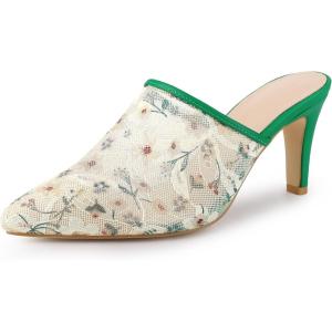 imageAllegra K Womens Lace Heels Sandals Mesh Floral Embroidered Stiletto Heels Slide MulesWhite Green