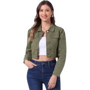 imageAllegra K Womens Washed Denim Jackets Button Up Puff Sleeve Cropped Jean JacketArmy Green