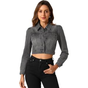 imageAllegra K Womens Washed Denim Jackets Button Up Puff Sleeve Cropped Jean JacketBlack Gray