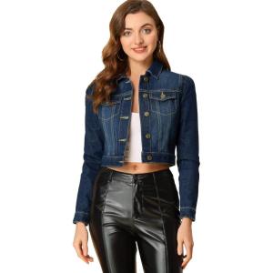 imageAllegra K Womens Washed Denim Jackets Button Up Puff Sleeve Cropped Jean JacketBlue Black