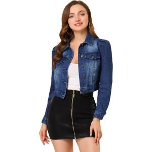 imageAllegra K Womens Washed Denim Jackets Button Up Puff Sleeve Cropped Jean JacketDark Blue