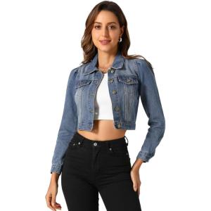 imageAllegra K Womens Washed Denim Jackets Button Up Puff Sleeve Cropped Jean JacketSky Blue