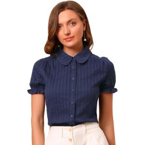 imageAllegra K Womens Cotton Short Sleeve Button Down Peter Pan Collar BlouseBlue