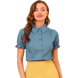 imageAllegra K Womens Cotton Short Sleeve Button Down Peter Pan Collar BlouseBlue Gray