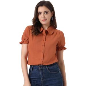 imageAllegra K Womens Cotton Short Sleeve Button Down Peter Pan Collar BlouseBrown Red