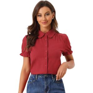 imageAllegra K Womens Cotton Short Sleeve Button Down Peter Pan Collar BlouseBurgundy