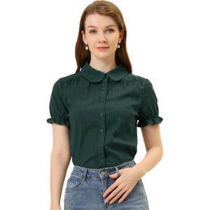 imageAllegra K Womens Cotton Short Sleeve Button Down Peter Pan Collar BlouseDark Green