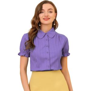 imageAllegra K Womens Cotton Short Sleeve Button Down Peter Pan Collar BlouseDark Purple