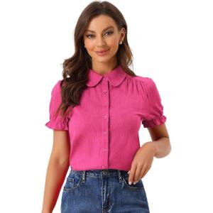 imageAllegra K Womens Cotton Short Sleeve Button Down Peter Pan Collar BlouseHot Pink