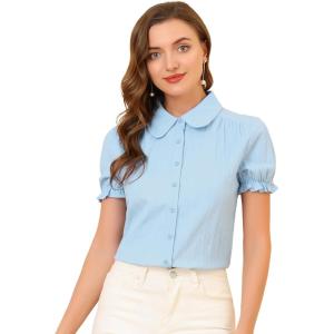 imageAllegra K Womens Cotton Short Sleeve Button Down Peter Pan Collar BlouseLight Blue