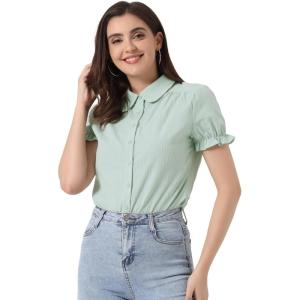 imageAllegra K Womens Cotton Short Sleeve Button Down Peter Pan Collar BlouseLight Green