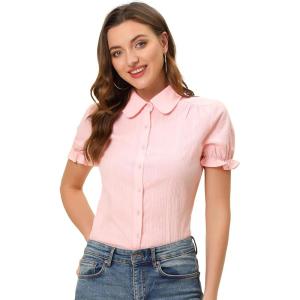 imageAllegra K Womens Cotton Short Sleeve Button Down Peter Pan Collar BlouseLight Pink