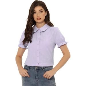 imageAllegra K Womens Cotton Short Sleeve Button Down Peter Pan Collar BlouseLight Purple