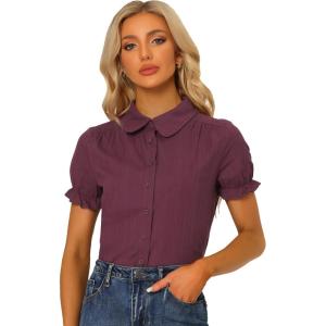 imageAllegra K Womens Cotton Short Sleeve Button Down Peter Pan Collar BlousePurple