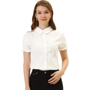 imageAllegra K Womens Cotton Short Sleeve Button Down Peter Pan Collar BlouseWhite