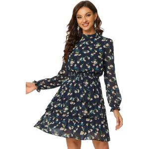 imageAllegra K Womens Smocked Waist Sheer Sleeve Ruffle Layers Floral Chiffon DressDeep Blue