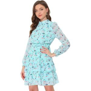 imageAllegra K Womens Smocked Waist Sheer Sleeve Ruffle Layers Floral Chiffon DressLight Blue