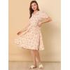 imageAllegra K Womens Vintage Peter Pan Collar High Waist Flowy Midi Puff Sleeve Floral DressPink