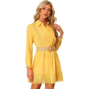 imageAllegra K Boho Dress for Womens Lace Button Front Mini Shirt DressYellow