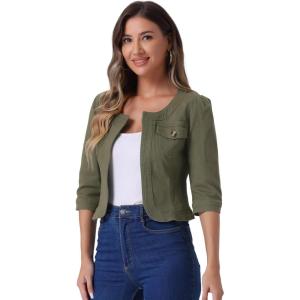 imageAllegra K Denim Jacket for Womens Collarless 2024 Cardigan 34 Sleeve Crop Jean JacketsArmy Green