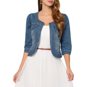 imageAllegra K Denim Jacket for Womens Collarless 2024 Cardigan 34 Sleeve Crop Jean JacketsBlue