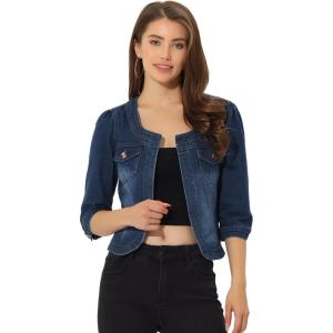 imageAllegra K Denim Jacket for Womens Collarless 2024 Cardigan 34 Sleeve Crop Jean JacketsDark Blue