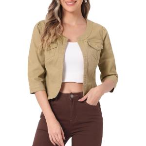 imageAllegra K Denim Jacket for Womens Collarless 2024 Cardigan 34 Sleeve Crop Jean JacketsKhaki