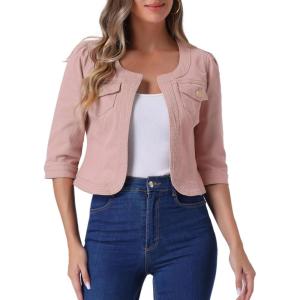 imageAllegra K Denim Jacket for Womens Collarless 2024 Cardigan 34 Sleeve Crop Jean JacketsPink