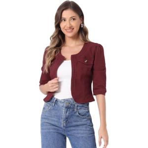 imageAllegra K Denim Jacket for Womens Collarless 2024 Cardigan 34 Sleeve Crop Jean JacketsPurple Red