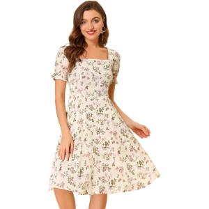 imageAllegra K Womens 2023 Summer Floral Square Neck Short Sleeve Midi Aline DressBeige