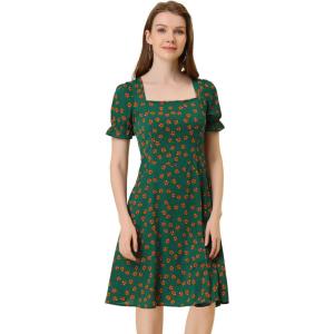 imageAllegra K Womens 2023 Summer Floral Square Neck Short Sleeve Midi Aline DressGreen