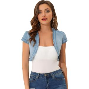 imageAllegra K Womens Crop Denim Jacket Casual Denim Cardigan Cap Sleeve Summer Outfits Jean Jacket ShrugLight Blue