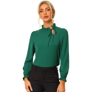 imageAllegra K Womens Elegant Long Sleeve Blouse Ruffle Tie Neck Business Work TopDark Green