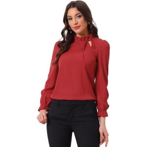 imageAllegra K Womens Elegant Long Sleeve Blouse Ruffle Tie Neck Business Work TopDark Red