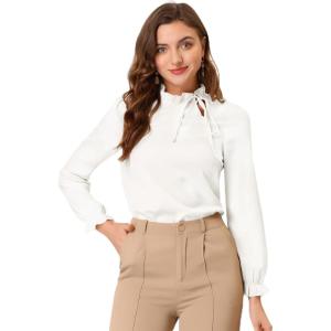 imageAllegra K Womens Elegant Long Sleeve Blouse Ruffle Tie Neck Business Work TopWhite