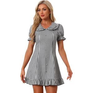 imageAllegra K Womens Gingham Checks Ruffled Peter Pan Collar 1960s Mini DressBlack White