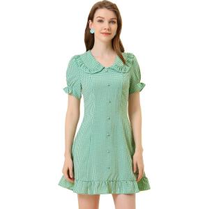 imageAllegra K Womens Gingham Checks Ruffled Peter Pan Collar 1960s Mini DressBlue Yellow