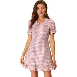 imageAllegra K Womens Gingham Checks Ruffled Peter Pan Collar 1960s Mini DressDusty Pink