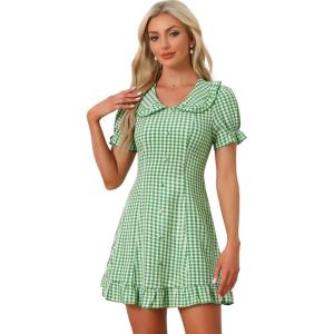 imageAllegra K Womens Gingham Checks Ruffled Peter Pan Collar 1960s Mini DressGreen White