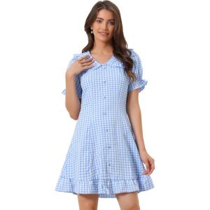 imageAllegra K Womens Gingham Checks Ruffled Peter Pan Collar 1960s Mini DressLight Blue