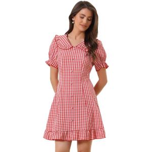 imageAllegra K Womens Gingham Checks Ruffled Peter Pan Collar 1960s Mini DressRed